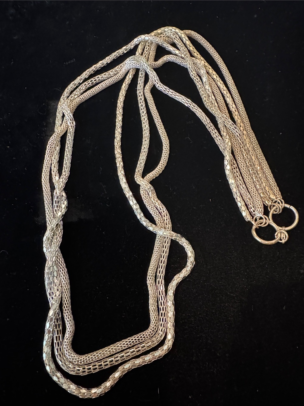 Elegant Long Three-Strand Silver-Tone Mesh Necklace